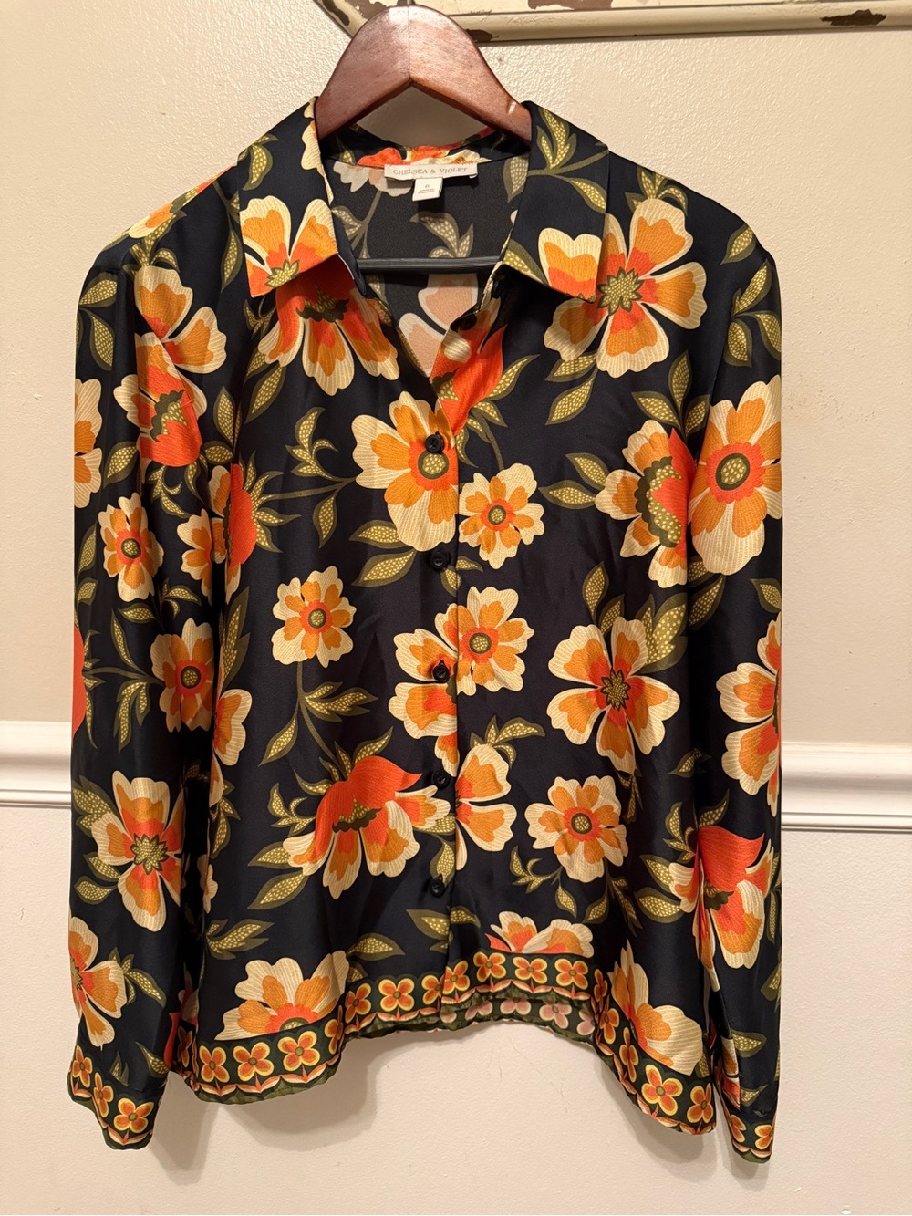 Chelsea & Violet Black Button-Down Shirt with Orange & Cream Floral Print